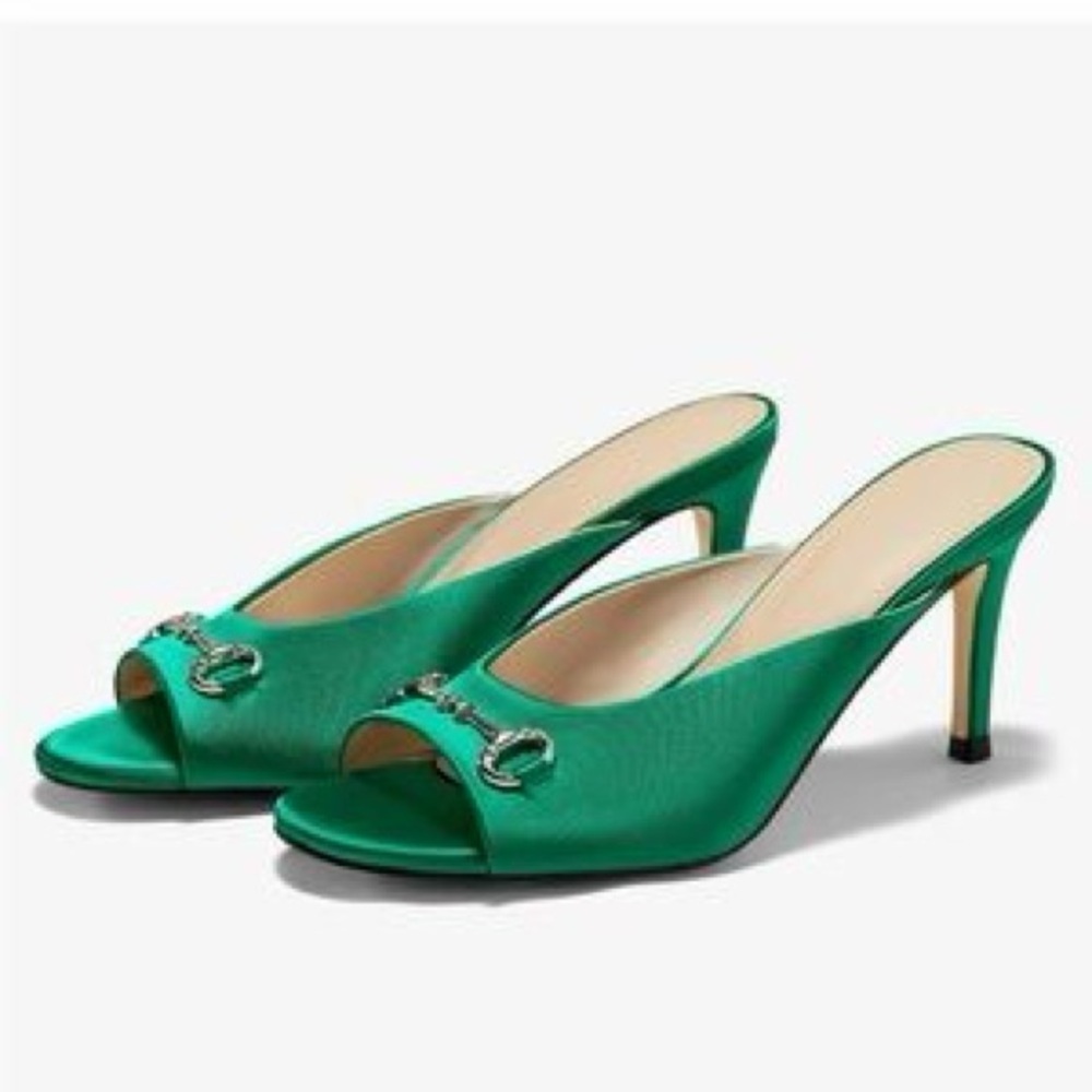 Deep Teal Metal Link Chain Peep Round Toe Heel Slide Stiletto NWT 7.5